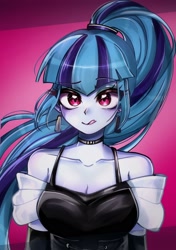 Size: 1320x1880 | Tagged: safe, artist:pulse, derpibooru import, sonata dusk, human, equestria girls, g4, bare shoulders, breasts, choker, cleavage, clothes, cute, dress, ear piercing, earring, female, jewelry, licking, licking lips, looking at you, piercing, pink background, ponytail, simple background, smiling, solo, sonata bust, sonatabetes, tongue, tongue out