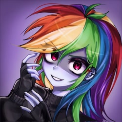 Size: 2048x2048 | Tagged: safe, artist:pulse, derpibooru import, rainbow dash, human, equestria girls, g4, bust, clothes, eyebrows, eyebrows visible through hair, female, fingerless gloves, gloves, grin, looking at you, piercing, portrait, purple background, simple background, smiling, solo, sweater, turtleneck