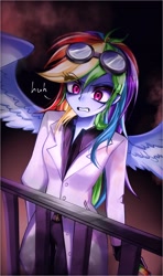 Size: 1280x2159 | Tagged: safe, artist:pulse, derpibooru import, rainbow dash, human, fanfic:rainbow factory, equestria girls, g4, clothes, eyebrows, eyebrows visible through hair, fanfic art, female, goggles, goggles on head, gritted teeth, huh, humanized, lab coat, railing, solo, spread wings, teeth, winged humanization, wings