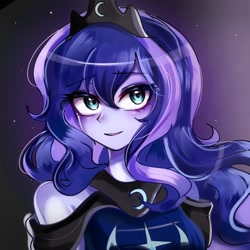 Size: 1280x1280 | Tagged: safe, artist:pulse, derpibooru import, princess luna, human, g4, bare shoulders, bust, cute, eyebrows, eyebrows visible through hair, female, humanized, jewelry, looking at you, lunabetes, smiling, solo, tiara