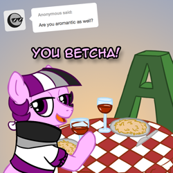 Size: 800x800 | Tagged: safe, artist:thedragenda, derpibooru import, oc, oc:ace, earth pony, pony, a, ask-acepony, female, hay, mare, pun, solo, visual pun