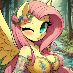Size: 1024x1024 | Tagged: safe, ai content, derpibooru import, generator:dall-e 3, machine learning generated, fluttershy, anthro, pegasus, g4, big breasts, blushing, breasts, clothes, dress, flower, flower in hair, forest, hootershy, looking at you, nature, one eye closed, prompter:glimmy-glam, river, solo, stream, tree, water, wink