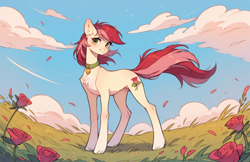 Size: 2352x1520 | Tagged: safe, ai content, derpibooru import, generator:pony diffusion v6 xl, generator:stable diffusion, machine learning generated, roseluck, pony, g4, collar, concave belly, cute, flower, fluffy, looking at you, pet tag, pony pet, prompter:doom9454, rose, rosepet, slender, standing, tail, thin, windswept mane, windswept tail
