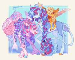 Size: 2500x1986 | Tagged: safe, artist:yuyusunshine, derpibooru import, princess flurry heart, princess skyla, oc, oc:caelus citrine, classical unicorn, pegasus, pony, unicorn, g4, blushing, braid, braided ponytail, cloven hooves, colored hooves, colored pinnae, colored wings, colored wingtips, colt, concave belly, curly hair, curly mane, curly tail, ear fluff, ear piercing, earring, ears, foal, frown, horn, jewelry, leaning, leonine tail, long mane, long tail, looking at someone, male, multicolored wings, narrowed eyes, next generation, offspring, older, older flurry heart, open mouth, open smile, parent:princess cadance, parent:shining armor, parents:shiningcadance, partially open wings, piercing, ponytail, raised hoof, raised leg, ringlets, shiny hooves, shiny mane, shiny tail, siblings, smiling, sparkly mane, sparkly tail, spread wings, standing, tail, tail fluff, thin, tied mane, tied tail, trio, two toned mane, two toned tail, two toned wings, unshorn fetlocks, wall of tags, wing fluff, wingding eyes, wings