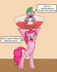 Size: 986x1238 | Tagged: safe, artist:termyotter, derpibooru import, pinkie pie, spike, dragon, earth pony, pony, g4, atg 2023, bipedal, carrying, dialogue, drink, duo, duo male and female, excited, female, imminent spikeabuse, male, mare, misspelling, newbie artist training grounds, open mouth, open smile, partially submerged, pun, punch (drink), punch bowl, smiling, speech bubble, spiked punch, this will end in tears, worried