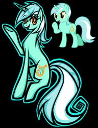 Size: 800x1039 | Tagged: safe, artist:coffeefueledchainsaw, derpibooru import, lyra heartstrings, pony, unicorn, g4, black background, concave belly, horn, reference used, simple background, sitting, smiling, solo, waving