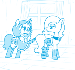 Size: 640x600 | Tagged: safe, artist:ficficponyfic, derpibooru import, oc, oc only, oc:joyride, oc:sunshine sea, earth pony, pony, unicorn, bluescale, boots, bowtie, clothes, colt quest, complex background, corset, cyoa, duo, earth pony oc, eyeshadow, female, horn, indoors, jewelry, leather, leather boots, leggings, looking back, makeup, mantle, mare, monochrome, necklace, pleading, raised hoof, raised leg, shoes, story included, unicorn oc, window