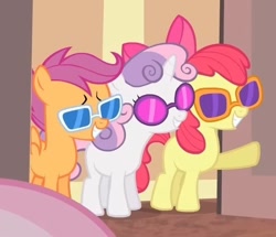 Size: 590x507 | Tagged: safe, derpibooru import, screencap, apple bloom, cheerilee, scootaloo, sweetie belle, earth pony, pegasus, pony, unicorn, for whom the sweetie belle toils, g4, cropped, cutie mark crusaders, female, filly, foal, glasses, horn, offscreen character, sunglasses, trio focus