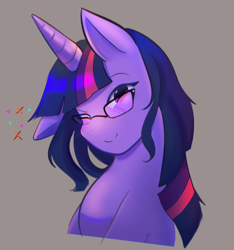Size: 1096x1172 | Tagged: safe, artist:asikku, derpibooru import, twilight sparkle, unicorn, g4, bust, female, glasses, gray background, horn, looking at you, mare, one eye closed, portrait, simple background, solo, wink, winking at you