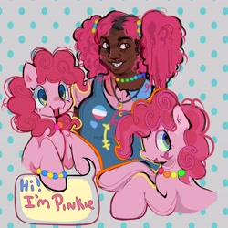 Size: 4096x4096 | Tagged: safe, artist:colorwurm, derpibooru import, pinkie pie, earth pony, human, pony, g4, :3, absurd resolution, bracelet, braces, brown eyes, chubby, clothes, curly hair, curly mane, dark skin, dyed hair, emanata, female, human ponidox, humanized, jewelry, kandi, mare, necklace, open mouth, open smile, overalls, patterned background, pigtails, pink coat, pink hair, pins, raised hooves, self paradox, self ponidox, smiling, speech bubble, text, tied hair, two toned eyes, wingding eyes