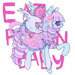 Size: 850x850 | Tagged: safe, artist:cutesykill, derpibooru import, oc, oc only, pegasus, pony, beanbrows, big ears, blue sclera, bow, clothes, colored eyebrows, curly hair, curly mane, curly tail, dress, ears, eye clipping through hair, eyebrows, female, flower, flower on ear, flying, frilly dress, hair bow, mare, multicolored mane, multicolored tail, pegasus oc, pink bow, pink text, profile, purple eyes, raised hoof, raised leg, ringlets, simple background, slit eyes, smiling, solo, spread wings, tail, text, thick eyelashes, unnamed oc, white background, white coat, wings