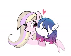 Size: 2048x1609 | Tagged: safe, artist:petaltwinkle, derpibooru import, oc, oc only, oc:petal twinkle, pegasus, pony, blonde, blonde mane, braid, couple, duo, duo female, female, floating heart, gradient mane, heart, hug, kiss on the cheek, kissing, lesbian, long mane, looking at someone, mare, multicolored mane, oc name needed, oc x oc, pegasus oc, pink coat, pink eyes, shipping, simple background, smiling, spread wings, white background, white coat, wingding eyes, winghug, wings