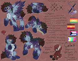 Size: 2800x2200 | Tagged: safe, artist:pegacousinceles, derpibooru import, oc, oc only, oc:celes, hybrid, pegasus, adhd, ambiguous gender, autism, bisexual pride flag, cutie mark, demisexual pride flag, high res, paw pads, paws, pegasus oc, ponysona, pride, pride flag, reference sheet, underpaw