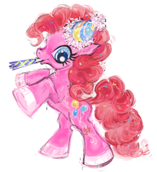 Size: 1384x1518 | Tagged: safe, artist:eyerealm, derpibooru import, pinkie pie, earth pony, pony, g4, big eyes, blue eyes, colored hooves, confetti in mane, confetti in tail, curly hair, curly mane, curly tail, female, hair accessory, hat, long mane, long tail, looking down, mare, party hat, party horn, pink coat, pink mane, pink tail, profile, rearing, shiny hooves, simple background, smiling, tail, tail accessory, white background, wingding eyes