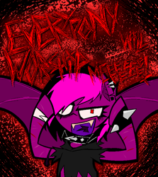 Size: 1340x1502 | Tagged: safe, artist:xxv4mp_g4z3rxx, derpibooru import, oc, oc only, oc:violet valium, bat pony, pony, bat pony oc, clothes, collar, ear piercing, emo, evil laugh, fangs, forked tongue, hoodie, hospital band, laughing, piercing, red eyes, scar, solo, spiked collar, spiked wristband, spread wings, torn clothes, tourniquet, two toned mane, wings, wristband
