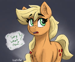 Size: 2538x2085 | Tagged: safe, artist:reddthebat, derpibooru import, applejack, earth pony, pony, g4, bust, chest fluff, dialogue, ear fluff, ears, eyebrows, eyebrows visible through hair, female, hatless, high res, looking up, mare, missing accessory, open mouth, signature, solo, speech bubble