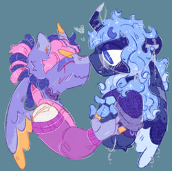Size: 1397x1390 | Tagged: safe, artist:tottallytoby, derpibooru import, princess luna, twilight sparkle, twilight sparkle (alicorn), alicorn, anthro, pony, g4, alternate design, alternate hair color, alternate hairstyle, arm fluff, big eyes, blaze (coat marking), blue coat, blue eyes, blue mane, blush scribble, blushing, clothes, coat markings, colored eartips, colored eyebrows, colored horn, colored pinnae, colored wings, colored wingtips, crooked horn, curly hair, curly mane, dreadlocks, duo, duo female, ear fluff, ears, ethereal mane, eye clipping through hair, eyebrows, eyebrows visible through hair, eyes closed, eyeshadow, facial markings, female, floating heart, floppy ears, green background, hair bun, heart, height difference, holding hands, hoof hands, horn, lesbian, lidded eyes, looking at each other, looking at someone, makeup, mare, multicolored wings, profile, purple coat, shipping, simple background, smiling, smiling at each other, sparkly mane, spread wings, starry mane, sweater, teal background, tied mane, twiluna, two toned mane, wing scar, wings