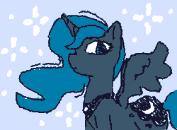 Size: 355x261 | Tagged: safe, artist:gh0stmist, derpibooru import, princess luna, alicorn, pony, g4, animated, blue background, blue coat, blue mane, blue tail, empty eyes, female, frame by frame, gif, long mane, looking at you, mare, missing accessory, no catchlights, peytral, profile, simple background, solo, sparkles, spread wings, squigglevision, tail, wavy mane, wavy tail, wide eyes, wigglypaint, wings