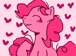 Size: 355x261 | Tagged: safe, artist:gh0stmist, derpibooru import, part of a set, pinkie pie, earth pony, pony, g4, :3, animated, blushing, curly hair, curly mane, curly tail, cute, diapinkes, female, floating heart, frame by frame, gif, heart, limited palette, long mane, mare, pink background, pink coat, pink mane, pink tail, profile, raised hoof, raised leg, simple background, smiling, solo, squigglevision, tail, wigglypaint