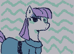 Size: 355x261 | Tagged: safe, artist:gh0stmist, derpibooru import, part of a set, maud pie, earth pony, pony, g4, animated, clothes, dress, eyeshadow, female, frame by frame, gif, gray coat, lidded eyes, limited palette, looking at you, makeup, mare, patterned background, purple mane, purple tail, solo, squigglevision, straight mane, tail, wigglypaint