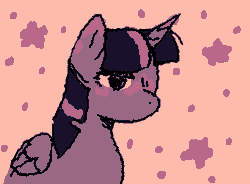 Size: 355x261 | Tagged: safe, artist:gh0stmist, derpibooru import, part of a set, twilight sparkle, twilight sparkle (alicorn), alicorn, pony, g4, animated, blushing, ear blush, empty eyes, female, folded wings, frame by frame, gif, horn, limited palette, mare, narrowed eyes, no catchlights, no mouth, nose blush, orange background, purple coat, simple background, solo, sparkles, squigglevision, stars, two toned mane, unicorn horn, wigglypaint, wings