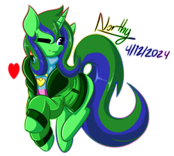 Size: 3000x2700 | Tagged: safe, artist:northern wind, derpibooru import, oc, oc only, oc:northern wind, pony, unicorn, g4, blue eyes, clothes, cute, digital art, eyelashes, female, green mane, green tail, happy, heart, heart necklace, horn, jacket, jewelry, krita, looking at you, mare, necklace, one eye closed, shirt, signature, simple background, smiling, smiling at you, solo, striped sweater, sweater, tail, transparent background, two toned mane, two toned tail, wink, winking at you