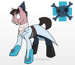 Size: 1150x1000 | Tagged: safe, artist:zeffdakilla, derpibooru exclusive, derpibooru import, oc, oc only, oc:rudolph, earth pony, pony, belt, blind eye, boots, buckle, clothes, coat, cutie mark, evil grin, gloves, gradient background, grin, hat, lab coat, medic, medic (tf2), pants, party hat, ponified, reference sheet, second opinion, shoes, smiling, solo, species swap, standing, stitches, sweater, team fortress 2, turtleneck