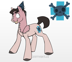 Size: 1150x1000 | Tagged: safe, artist:zeffdakilla, derpibooru exclusive, derpibooru import, oc, oc only, oc:rudolph, earth pony, pony, cutie mark, evil grin, gradient background, grin, hat, hooves, medic, medic (tf2), party hat, ponified, reference sheet, second opinion, smiling, solo, species swap, standing, stitches, team fortress 2
