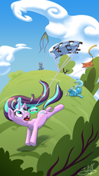 Size: 1649x2932 | Tagged: safe, artist:turkojar, derpibooru import, maud pie, starlight glimmer, trixie, pony, unicorn, g4, boulder (g4), cloud, faceplant, female, glowing, glowing horn, hill, horn, kite, kite flying, looking up, magic, mare, open mouth, open smile, running, sky, smiling, telekinesis, that pony sure does love kites, trio, windswept mane