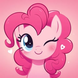 Size: 1024x1024 | Tagged: safe, ai content, derpibooru import, generator:dall-e 3, machine learning generated, pinkie pie, g4, cute, female, gradient background, heart, mare, one eye closed, pink background, prompter:doomguy397, simple background, smiling, wink