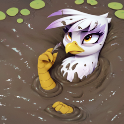 Size: 1024x1024 | Tagged: safe, ai content, derpibooru import, generator:stable diffusion, machine learning generated, gilda, lilypad, mud, mud bath, muddy, prompter:pzkratzer, solo, submerged, swamp