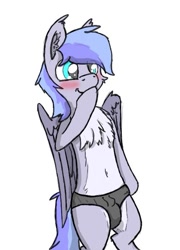 Size: 489x681 | Tagged: safe, artist:pzkratzer, derpibooru import, oc, oc only, oc:discoordination, semi-anthro, aggie.io, belly button, bipedal, blushing, clothes, crotch bulge, male, simple background, solo, speedo, swimsuit, underwear, white background