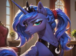 Size: 1080x800 | Tagged: source needed, safe, ai content, derpibooru import, generator:pony diffusion v6 xl, generator:stable diffusion, machine learning generated, princess luna, alicorn, g4, annoyed, backlighting, blushing, eyeshadow, frown, furrowed brow, hair tie, hairband, lacrimal caruncle, lidded eyes, looking at you, makeup, prompter needed, sternocleidomastoid, sunlight, window