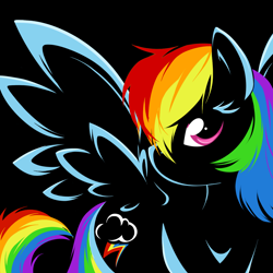 Size: 1040x1040 | Tagged: safe, artist:bamboodog, derpibooru import, rainbow dash, pegasus, pony, g4, black background, cutie mark, female, lineart, mare, simple background, solo, spread wings, wings