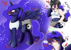 Size: 1518x1075 | Tagged: safe, artist:nageruamado, derpibooru import, princess luna, alicorn, pony, ahegao, blushing, clothes, female, furry to pony, human to pony, japanese, kemonomimi, mare, open mouth, species swap, spread wings, sweat, tongue, tongue out, transformation, wings