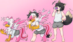 Size: 1470x855 | Tagged: safe, artist:nageruamado, derpibooru import, oc, oc only, oc:foxxy hooves, griffon, furry to griffon, gradient background, human to griffon, japanese reading order, kemonomimi, pixiv, transformation, transformation sequence