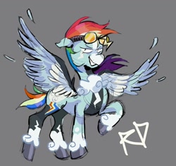 Size: 1094x1029 | Tagged: safe, artist:justvoidsdumbstuff1, derpibooru import, rainbow dash, pegasus, pony, g4, alternate color palette, alternate design, blaze (coat marking), blue coat, coat markings, colored hooves, colored muzzle, colored sketch, colored wings, colored wingtips, ears, eyelashes, facial markings, feather, female, floppy ears, goggles, goggles on head, gray background, looking at you, mare, multicolored hair, multicolored mane, multicolored tail, multicolored wings, narrowed eyes, rainbow hair, rainbow tail, raised hoof, raised leg, redesign, shiny hooves, short hair rainbow dash, short mane, short tail, shrunken pupils, simple background, sketch, smiling, smiling at you, socks (coat marking), solo, spread wings, standing, tail, text, unshorn fetlocks, wings