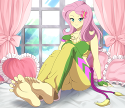 Size: 2069x1781 | Tagged: safe, artist:folk-dude-philip, derpibooru import, fluttershy, human, equestria girls, g4, barefoot, bed, breasts, cleavage, clothes, commission, feet, female, fetish, foot fetish, foot focus, hootershy, pillow, solo, window, ych result