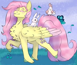 Size: 1900x1600 | Tagged: safe, artist:cluterdrop, derpibooru import, fluttershy, bird, butterfly, chicken, pegasus, pony, rabbit, animal, butterfly on tail, chest fluff, cloven hooves, colored eyebrows, colored eyelashes, colored hooves, colored wings, colored wingtips, cute, eyes closed, female, hen, mare, music notes, pink eyelashes, shyabetes, singing, smiling, solo, strutting, unshorn fetlocks, wings