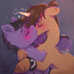 Size: 2000x2000 | Tagged: safe, artist:lionbun, derpibooru import, oc, oc:dreamheart, oc:screaming heart, earth pony, unicorn, blushing, couple, duo, duo male and female, earth pony oc, eyebrows, eyebrows visible through hair, female, horn, kiss on the lips, kissing, love, male, mare, married couple, oc x oc, romantic, shipping, stallion, straight, unicorn oc