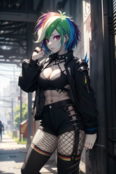 Size: 1024x1536 | Tagged: safe, ai content, derpibooru import, editor:sammykun, generator:yodayo, machine learning generated, rainbow dash, human, g4, abs, breasts, choker, cleavage, clothes, ear piercing, earring, emotionless, fishnet clothing, fishnet pantyhose, fishnet stockings, goth, gothic, humanized, jacket, jewelry, long sleeves, looking at you, midriff, open clothes, open jacket, outdoors, outfit, pantyhose, piercing, prompter:sammykun, punk, rainboob dash, short hair, shorts, socks, spikes, stockings, straps, thigh highs