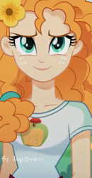 Size: 1189x2287 | Tagged: safe, ai content, derpibooru import, machine learning generated, pear butter, human, equestria girls, g4, equestria girls-ified, female, flower, photo, photoshop, prompter:angeldusk17, solo
