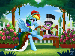 Size: 2400x1800 | Tagged: safe, artist:darksly, derpibooru import, rainbow dash, spike, dragon, pegasus, pony, bench, bowtie, bridesmaid dress, clothes, cute, dress, female, fence, flower, formal wear, garden, gown, hat, looking at each other, looking at someone, male, ship:rainbowspike, shipping, spike's first bow tie, straight, suit, top hat, tuxedo, winged spike, wings