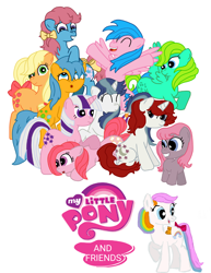 Size: 2280x2960 | Tagged: safe, alternate version, derpibooru import, edit, applejack (g1), bow tie (g1), bubbles (g1), cotton candy (g1), ember (g1), firefly, first born, glory, medley, moondancer (g1), twilight, twinkles, cat, g1, g4, my little pony 'n friends, rescue at midnight castle, bow, g1 to g4, generation leap, high res, multicolored hair, my little pony logo, rainbow hair, rainbow tail, remake, simple background, tail, tail bow, white background