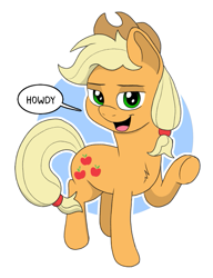Size: 627x816 | Tagged: safe, alternate version, derpibooru import, edit, applejack, earth pony, pony, applejack's hat, bronybait, circle background, clothes, cowboy hat, cute, female, hat, howdy, jackabetes, lidded eyes, looking at you, mare, open mouth, open smile, raised hoof, raised leg, remake, simple background, smiling, smiling at you, solo, white background