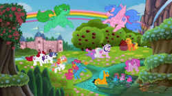 Size: 300x168 | Tagged: safe, artist:emberwolfsart, derpibooru import, applejack (g1), bow tie (g1), bubbles (g1), cotton candy (g1), ember (g1), firefly, first born, glory, medley, moondancer (g1), sealight, seawinkle, twilight, wavedancer, earth pony, pegasus, pony, unicorn, g1, rescue at midnight castle, apple, apple tree, baby, baby pony, background, bipedal, bow, castle, cloud, eyes closed, female, flying, foal, hair bow, horn, open mouth, open smile, ponyland, rainbow, river, seapony (g1), sky, smiling, spread wings, standing, tail, tail bow, tree, walking, water, wings