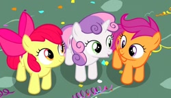 Size: 1200x685 | Tagged: safe, derpibooru import, screencap, apple bloom, scootaloo, sweetie belle, earth pony, pegasus, pony, unicorn, g4, the fault in our cutie marks, adorabloom, confetti, cute, cutealoo, cutie mark, cutie mark crusaders, cutie mark cuties, diasweetes, female, filly, foal, horn, looking up, the cmc's cutie marks