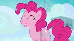 Size: 1200x675 | Tagged: safe, derpibooru import, screencap, pinkie pie, earth pony, pony, g4, secrets and pies, ^^, balloon, eyes closed, floating, solo, then watch her balloons lift her up to the sky