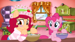 Size: 2500x1406 | Tagged: safe, artist:katnekobase, artist:user15432, derpibooru import, pinkie pie, earth pony, pony, baking, base used, blushing, bowl, clothes, crossover, hat, hoof over mouth, kitchen, looking at each other, looking at someone, mixing bowl, oven, ponified, red hair, red mane, red tail, smiling, species swap, spoon, stove, strawberry shortcake, strawberry shortcake (character), table, tail