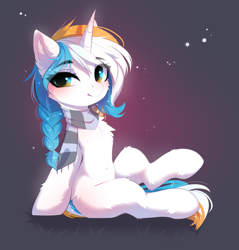 Size: 3711x3877 | Tagged: safe, artist:empress-twilight, derpibooru import, oc, oc:blue velvet cake, unicorn, clothes, horn, looking at you, scarf, sitting, smiling, solo